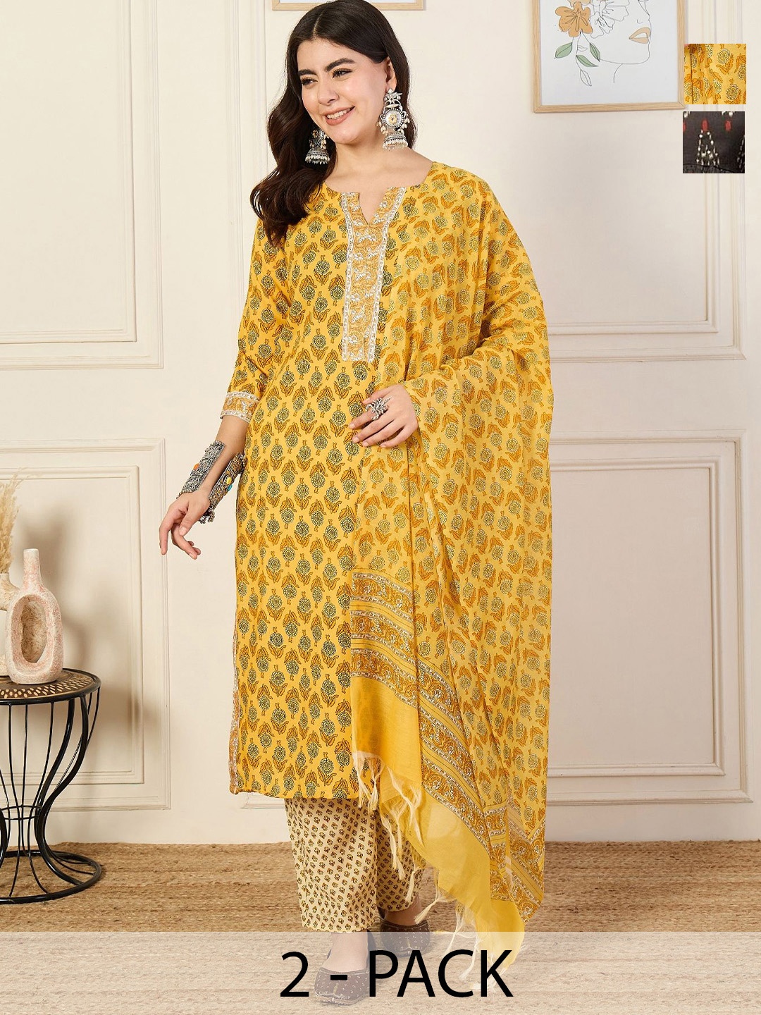 

KALINI Selection Of 2 Ethnic Motif Printed Straight Kurta With Trousers And Dupattas, Yellow