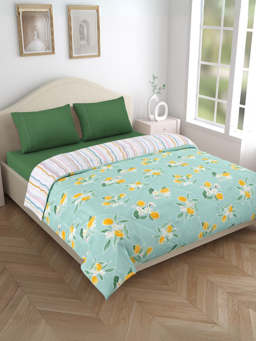

haus & kinder Green & White Floral Printed 150 GSM AC Room Double Bed Reversible Comforter