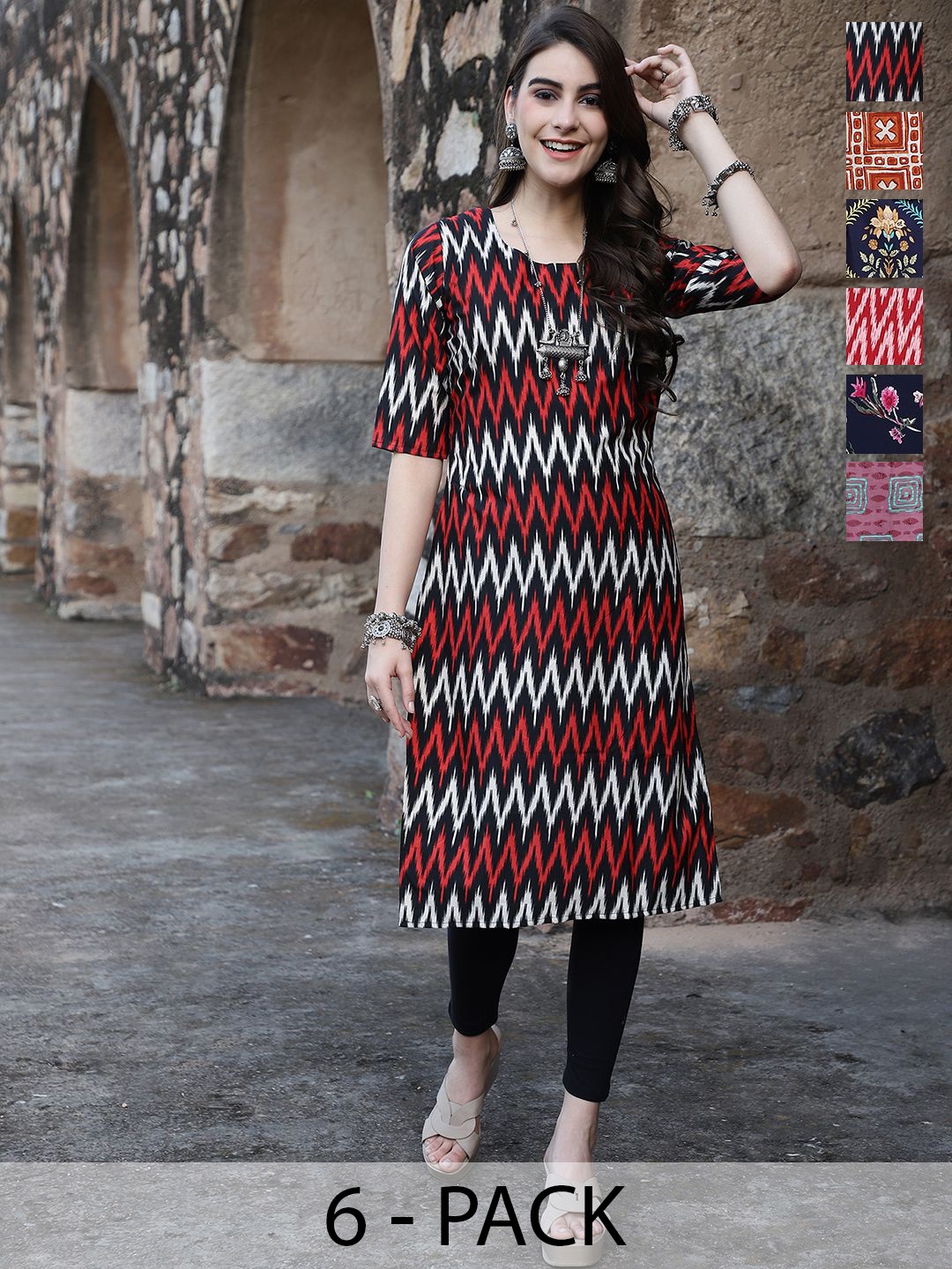 

7Threads Selection Of 6 Ethnic Motifs Printed Round Neck Straight Kurtas, Red