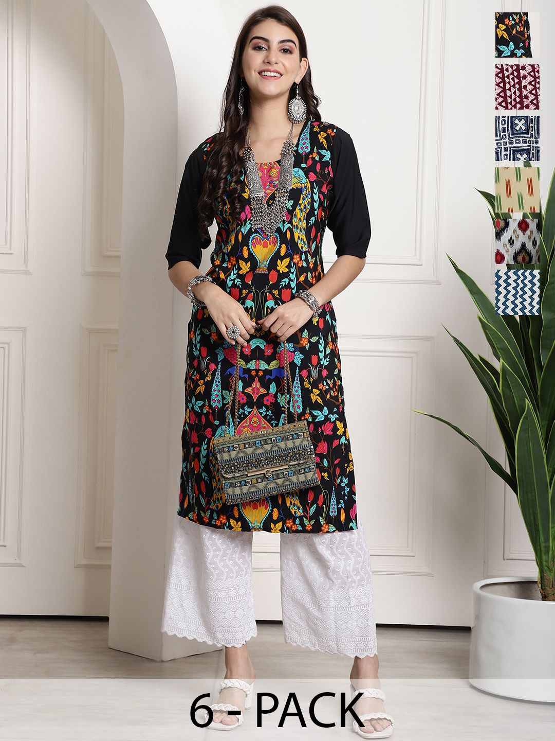 

7Threads Selection Of 6 Ethnic Motifs Printed Round Neck Straight Kurtas, Black