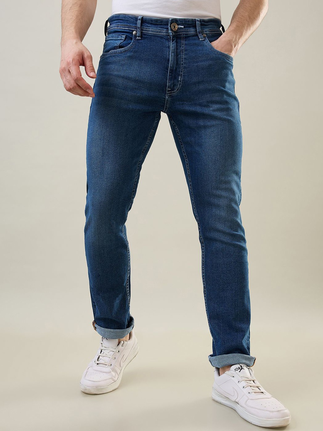 

TIM PARIS Men Slim Fit Light Fade Stretchable Jeans, Navy blue