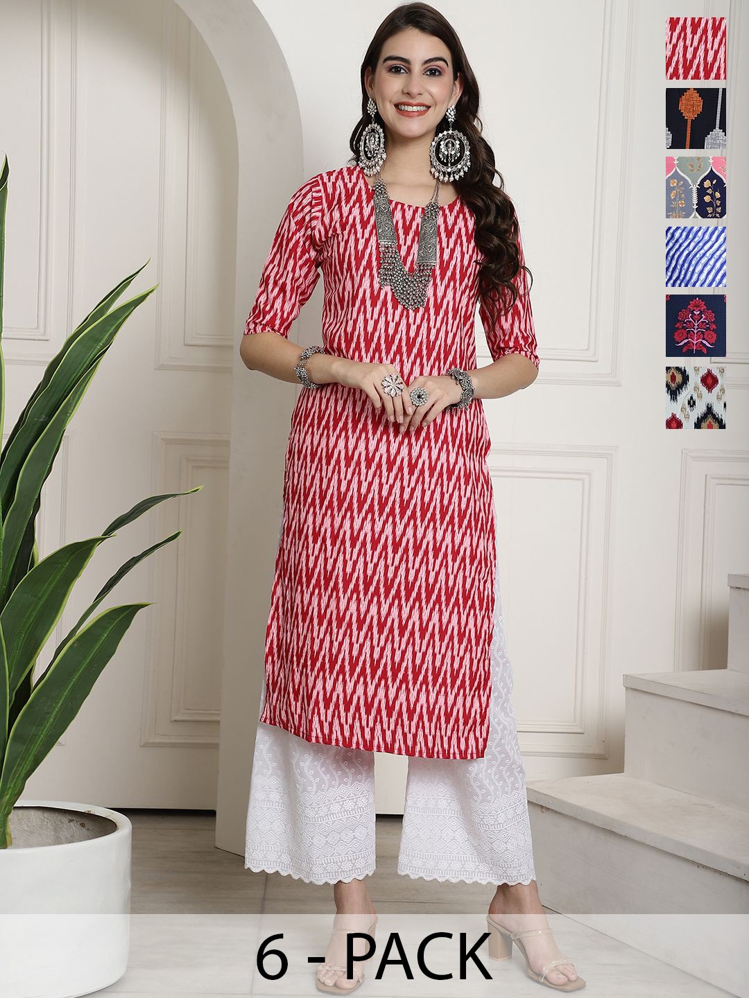 

7Threads Selection Of 6 Ethnic Motifs Printed Round Neck Straight Kurtas, Red
