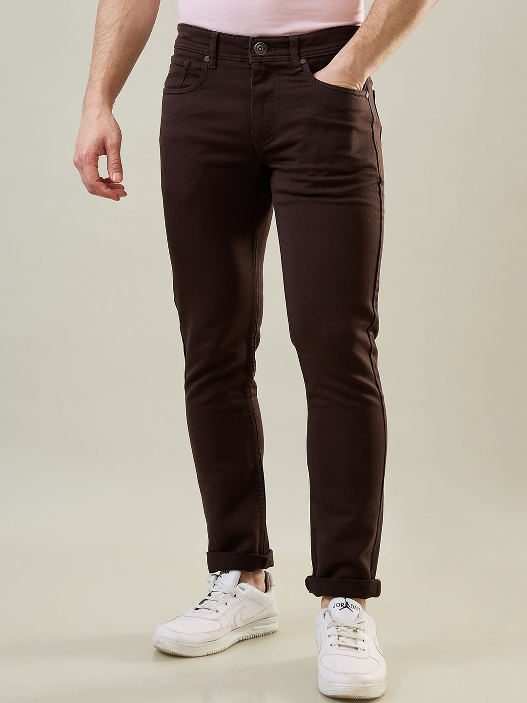 

TIM PARIS Men Slim Fit No Fade Stretchable Jeans, Coffee brown