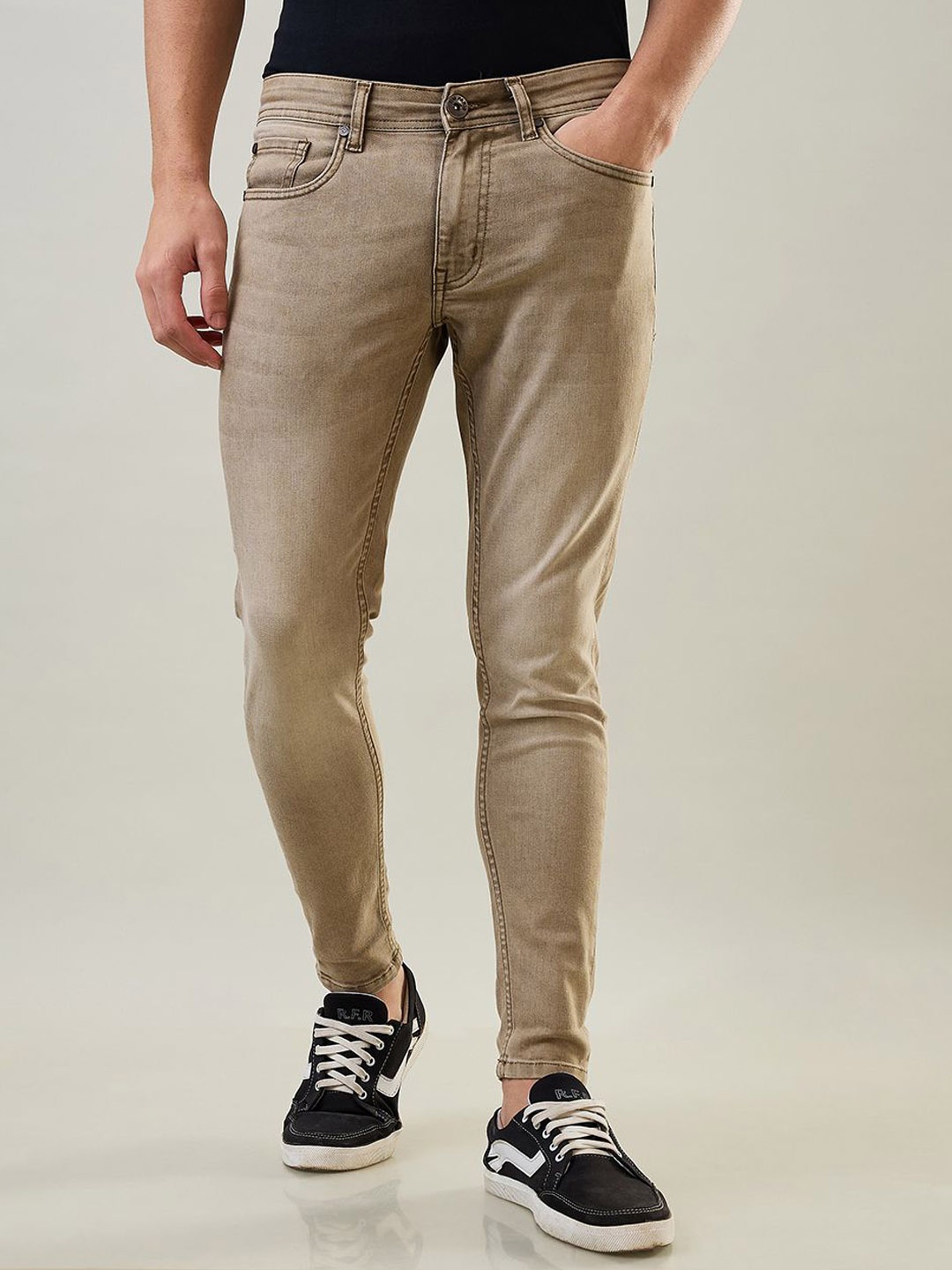 

TIM PARIS Men Slim Fit Light Fade Stretchable Jeans, Camel brown