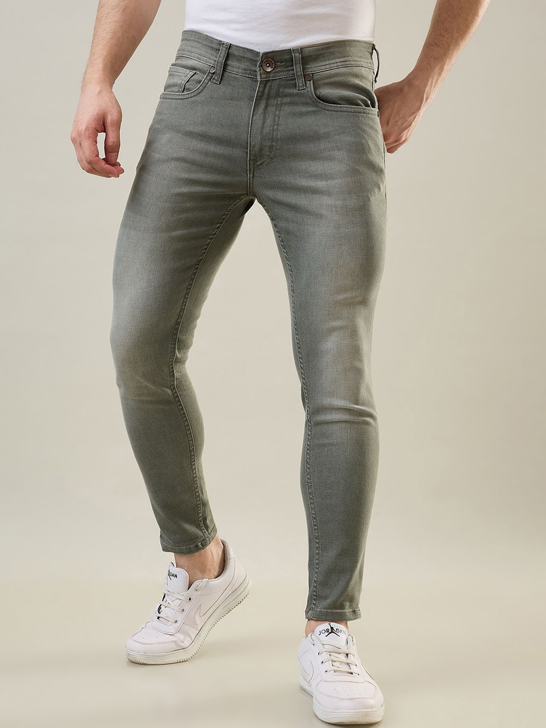 

TIM PARIS Men Skinny Fit Light Fade Stretchable Jeans, Olive
