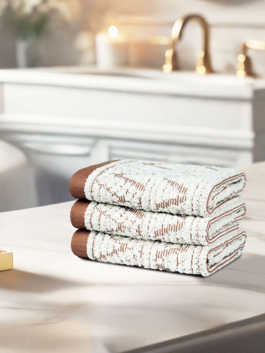 

MYTRIDENT PEBBLE Beige & Brown 3 Pieces Printed Pure Cotton 600 GSM Face Towels