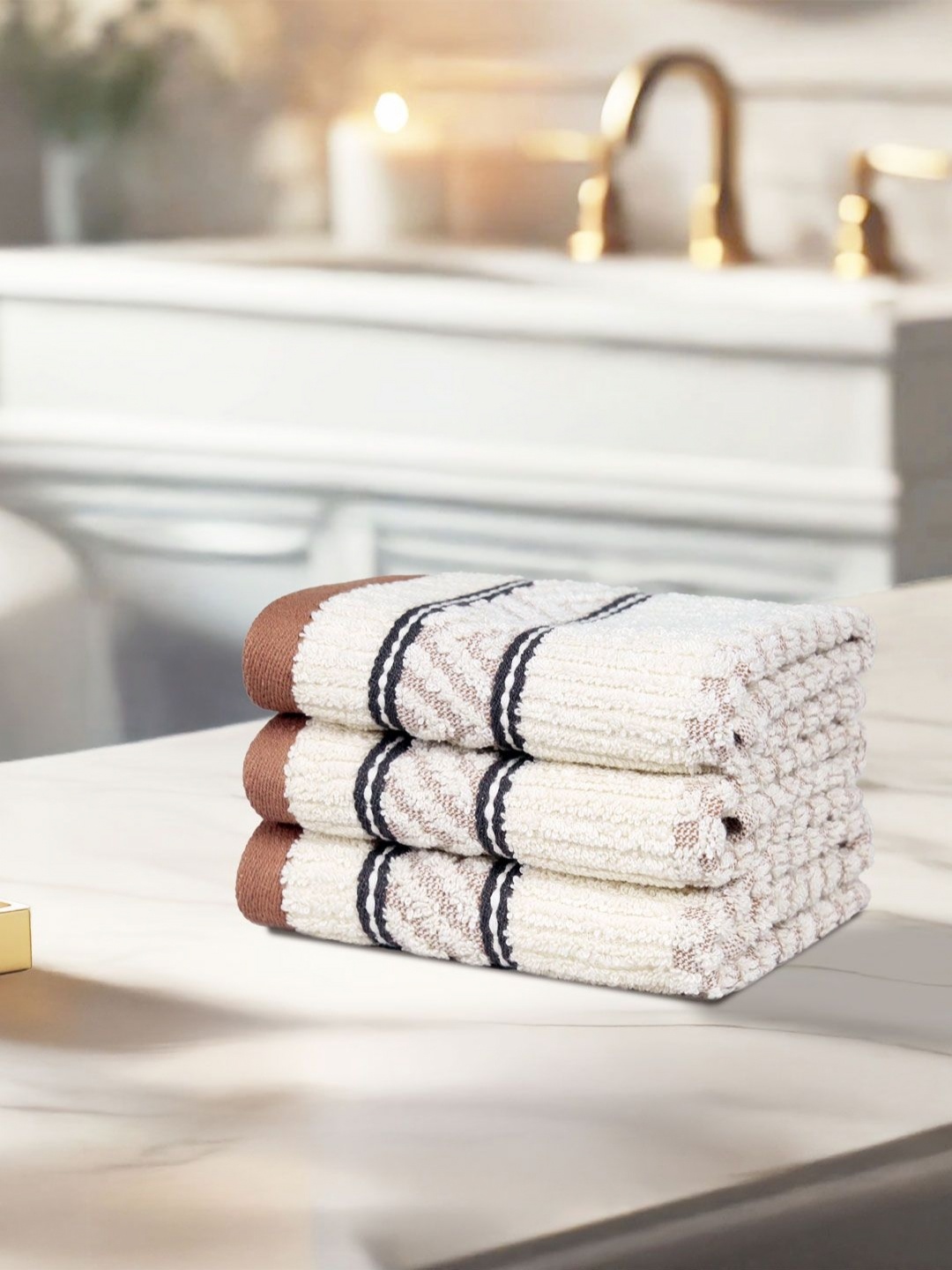 

MYTRIDENT ZEN Beige & Brown 3 Pieces Printed Pure Cotton 600 GSM Face Towels