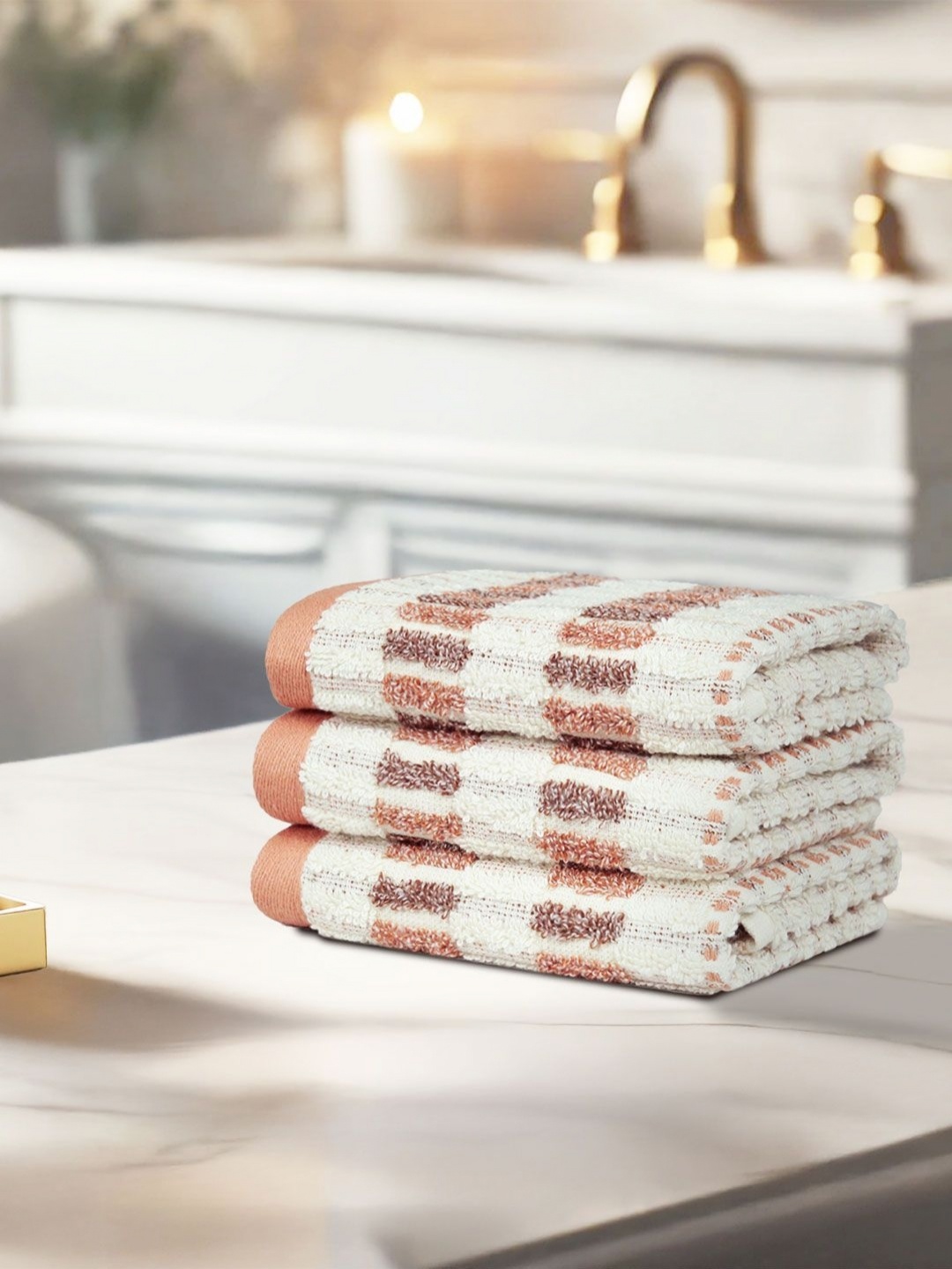 

MYTRIDENT FOSSIL Beige & Brown 3 Pieces Printed Pure Cotton 600 GSM Face Towels