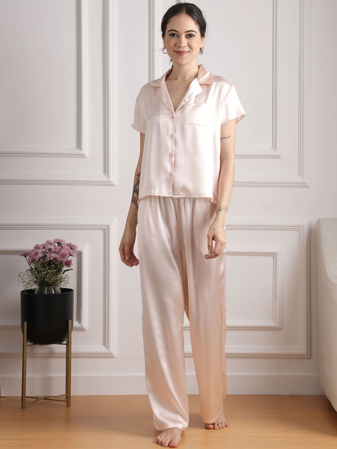 

Slumber Jill Sunset Blush Lapel Collar Shirt With Pyjama, Peach