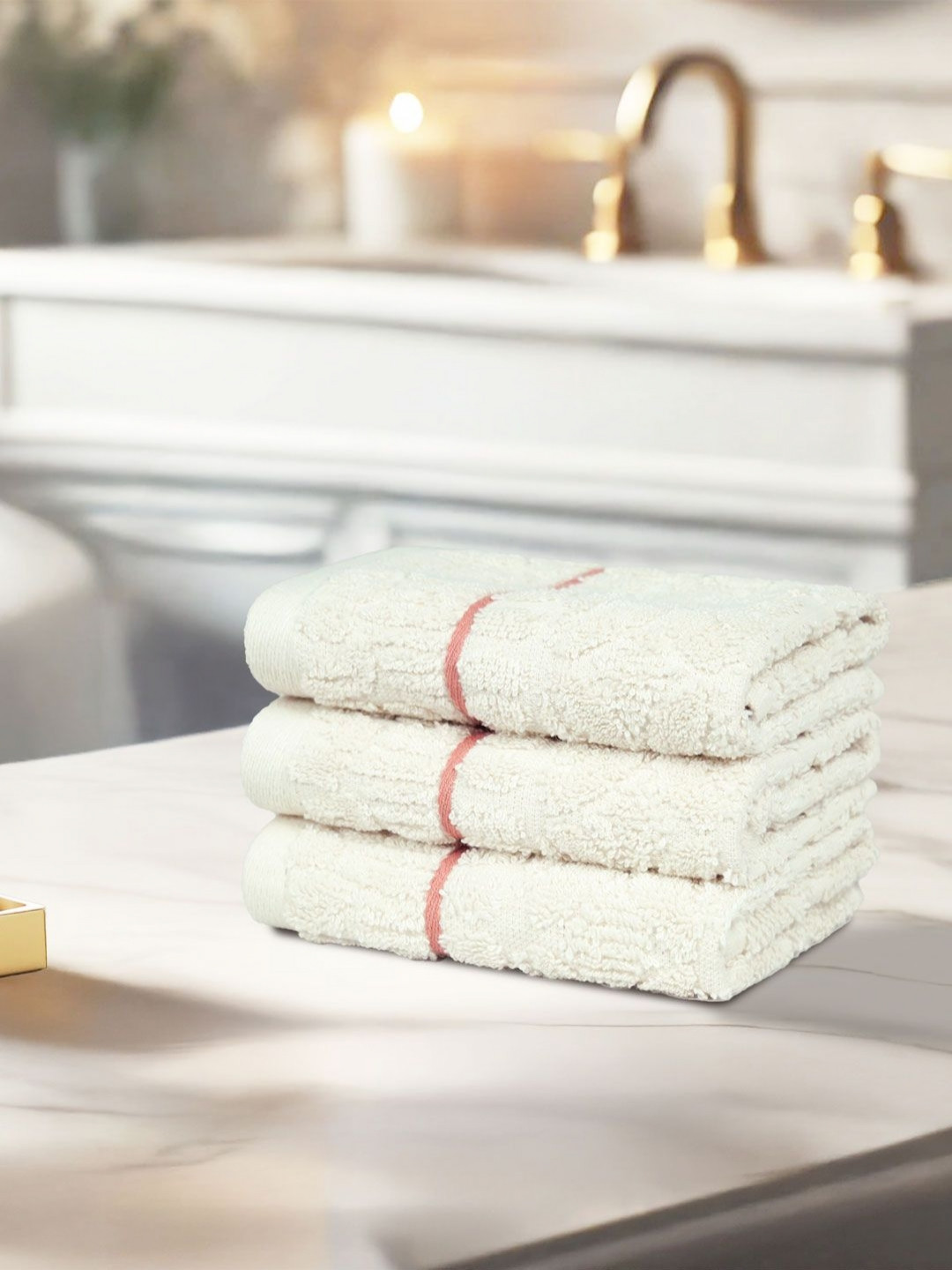 

MYTRIDENT RIPPLE Beige & Orange Colored 3 Pieces Striped Pure Cotton 600 GSM Face Towels