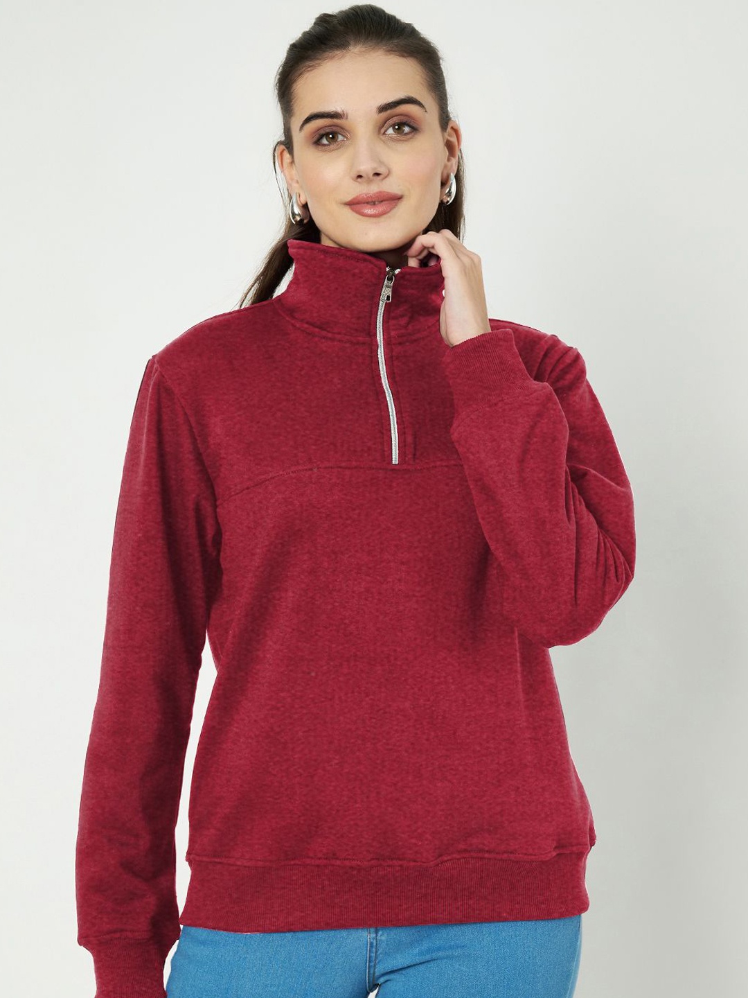 

BRINNS Women Solid Mock Collar Sweatshirts, Maroon