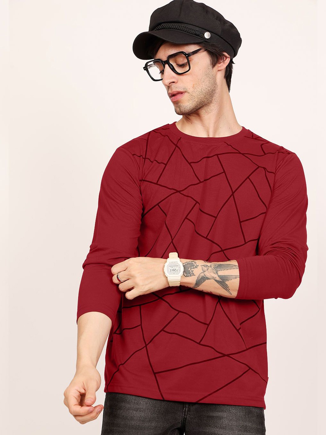 

Leotude Men Geometric Printed Round Neck Cotton T-shirt, Red