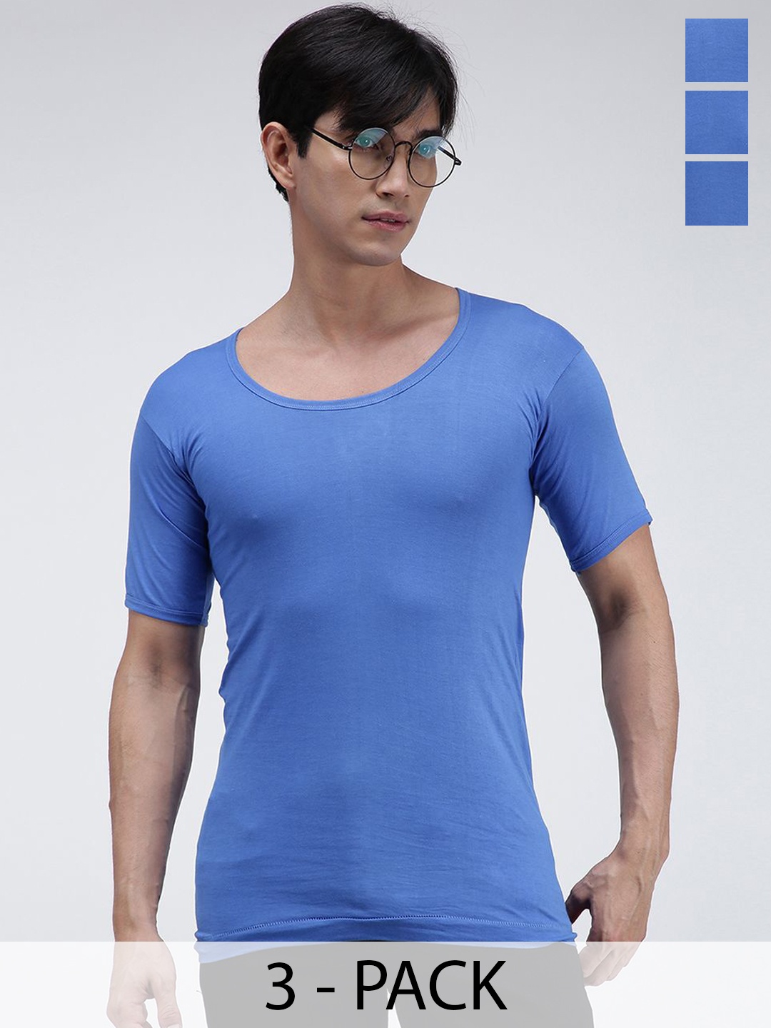 

AMUL COMFY Men Pack Of 3 Pure Cotton Short Sleeves Undershirt Vests, Blue