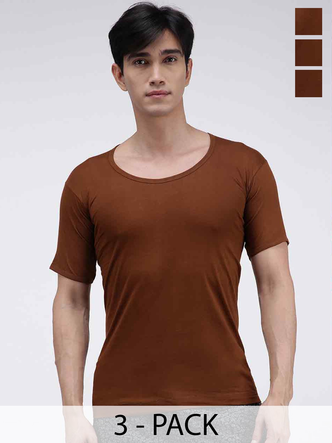 

AMUL COMFY Men Pack Of 3 Pure Cotton Short Sleeves Undershirt Vests, Brown