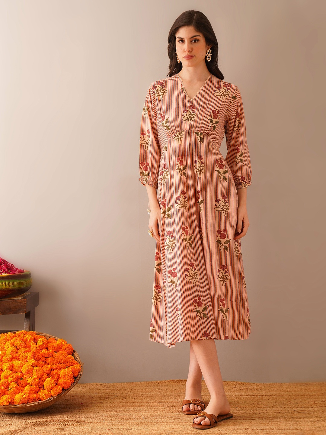 

JAYPORE Women Cotton Floral Printed Puff Sleeve A-Line Midi Dress, Peach