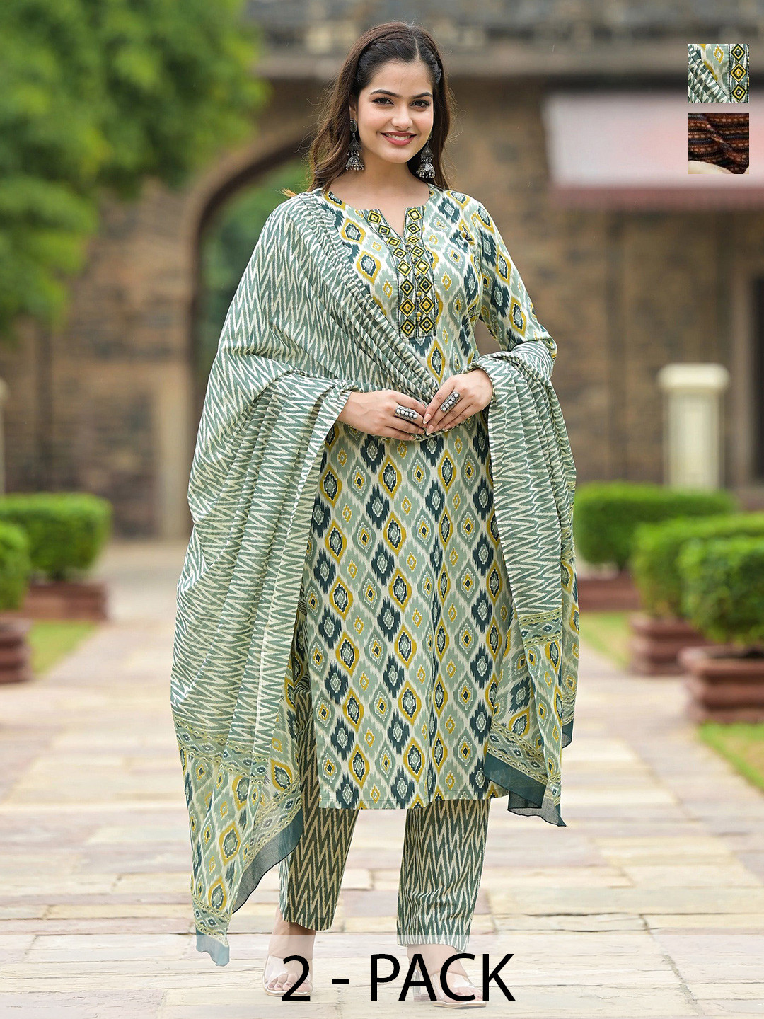 

KALINI Selection Of 2 Ethnic Motifs Printed Kurtas With Trousers And Dupattas, White