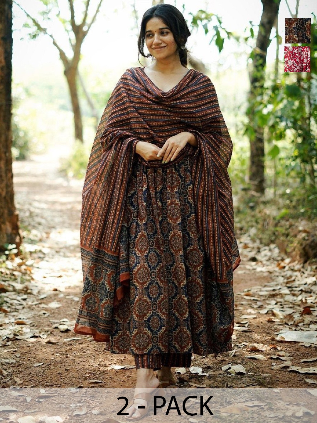 

KALINI Selection Of 2 Ethnic Motifs Printed Kurtas With Trousers And Dupattas, Red