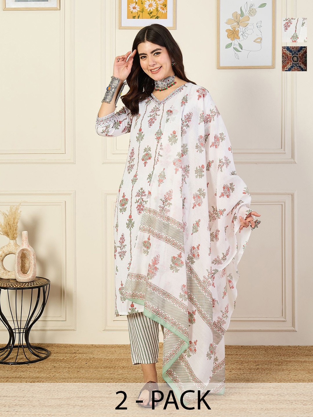 

KALINI Selection Of 2 Ethnic Motifs Printed Kurtas With Trousers And Dupattas, White