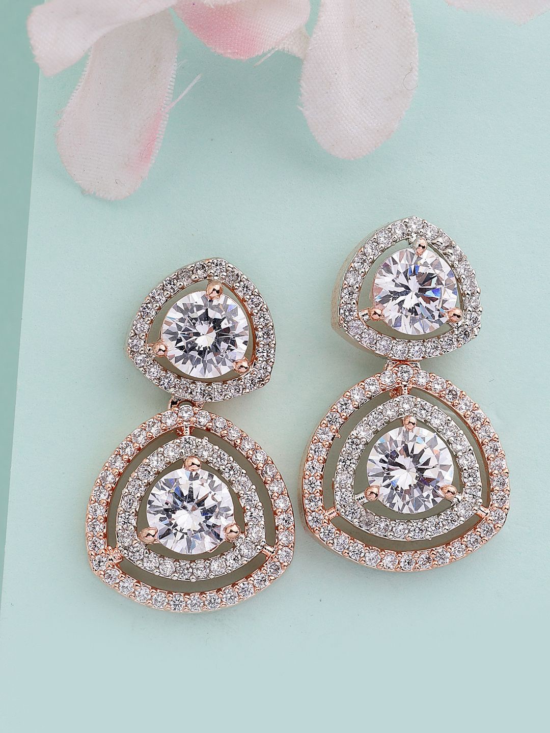 

ZENEME Rose Gold-Plated American Diamond Studded Geometrical Drop Earrings