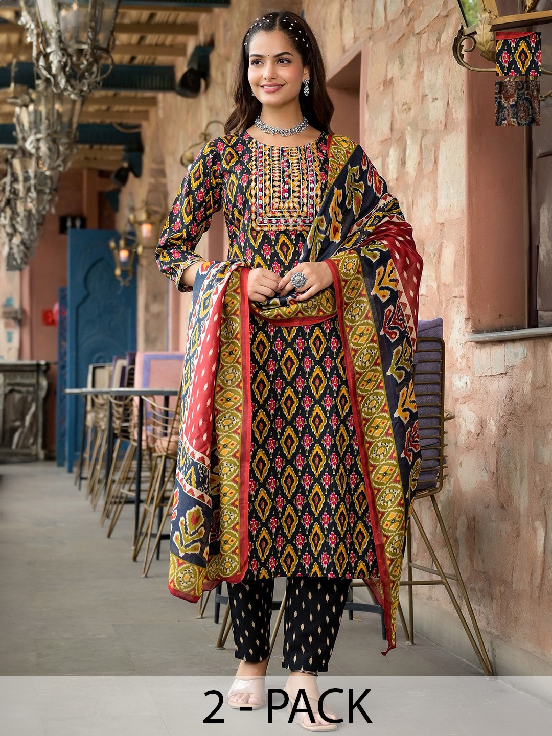 KALINIC Selection Of 2 Ethnic Motifs Printed Straight Kurtas With Trousers And Dupattas, Black