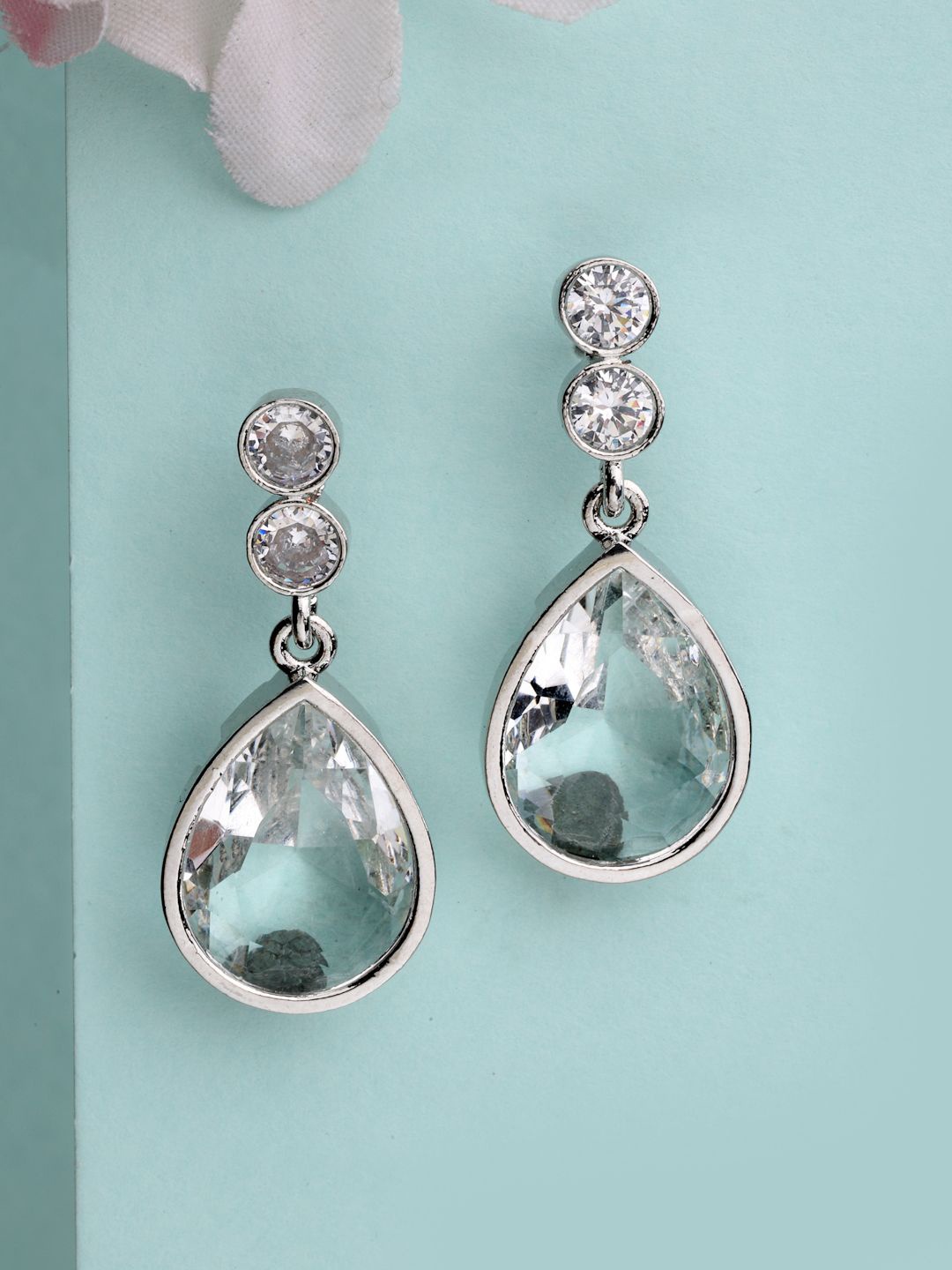 

ZENEME Rhodium-Plated American Diamond White Crystal Studded Drop Earring, Silver