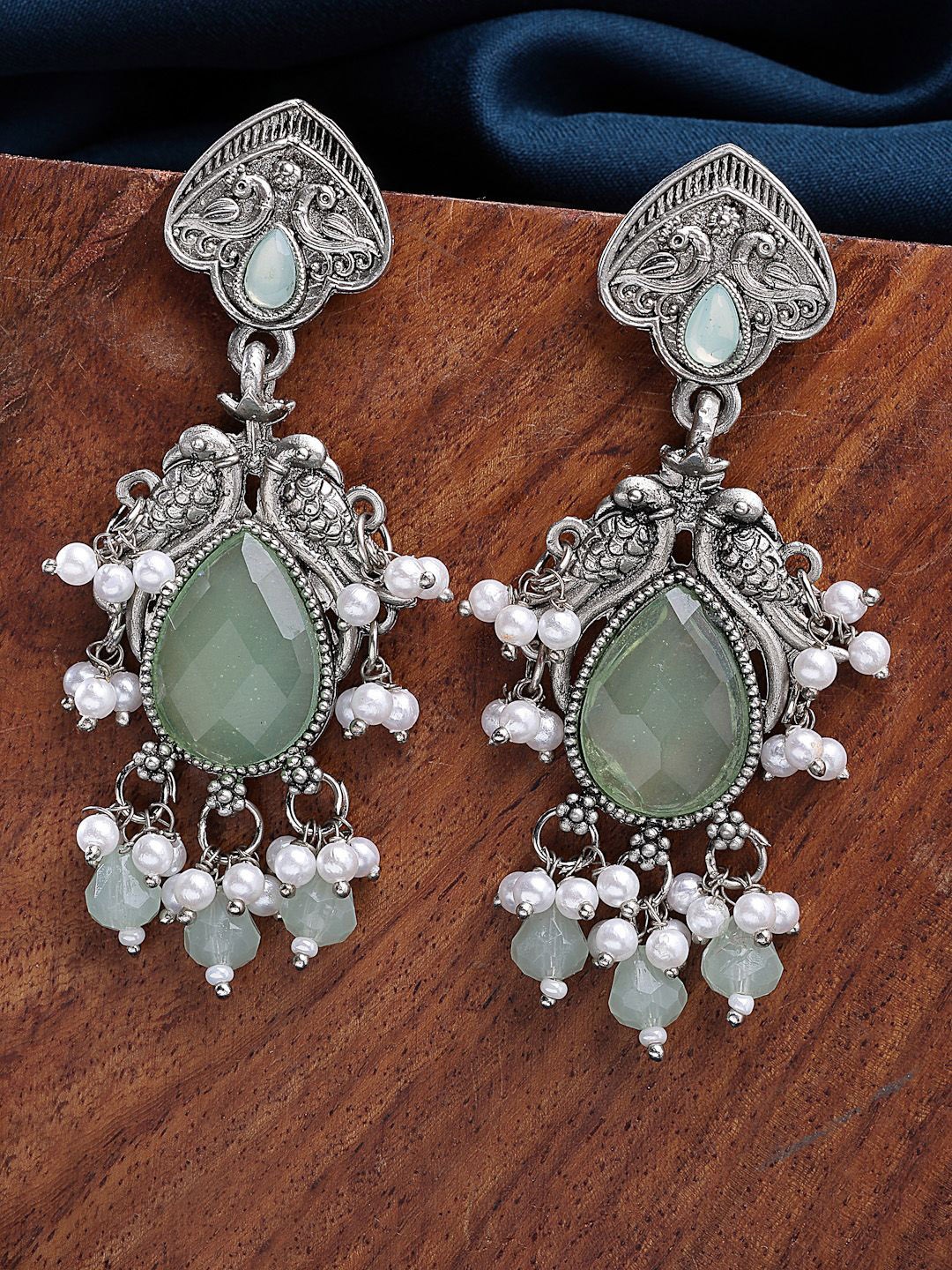 

ZENEME Oxidised-Plated Mandala Design Embellished Drop Earrings, Silver