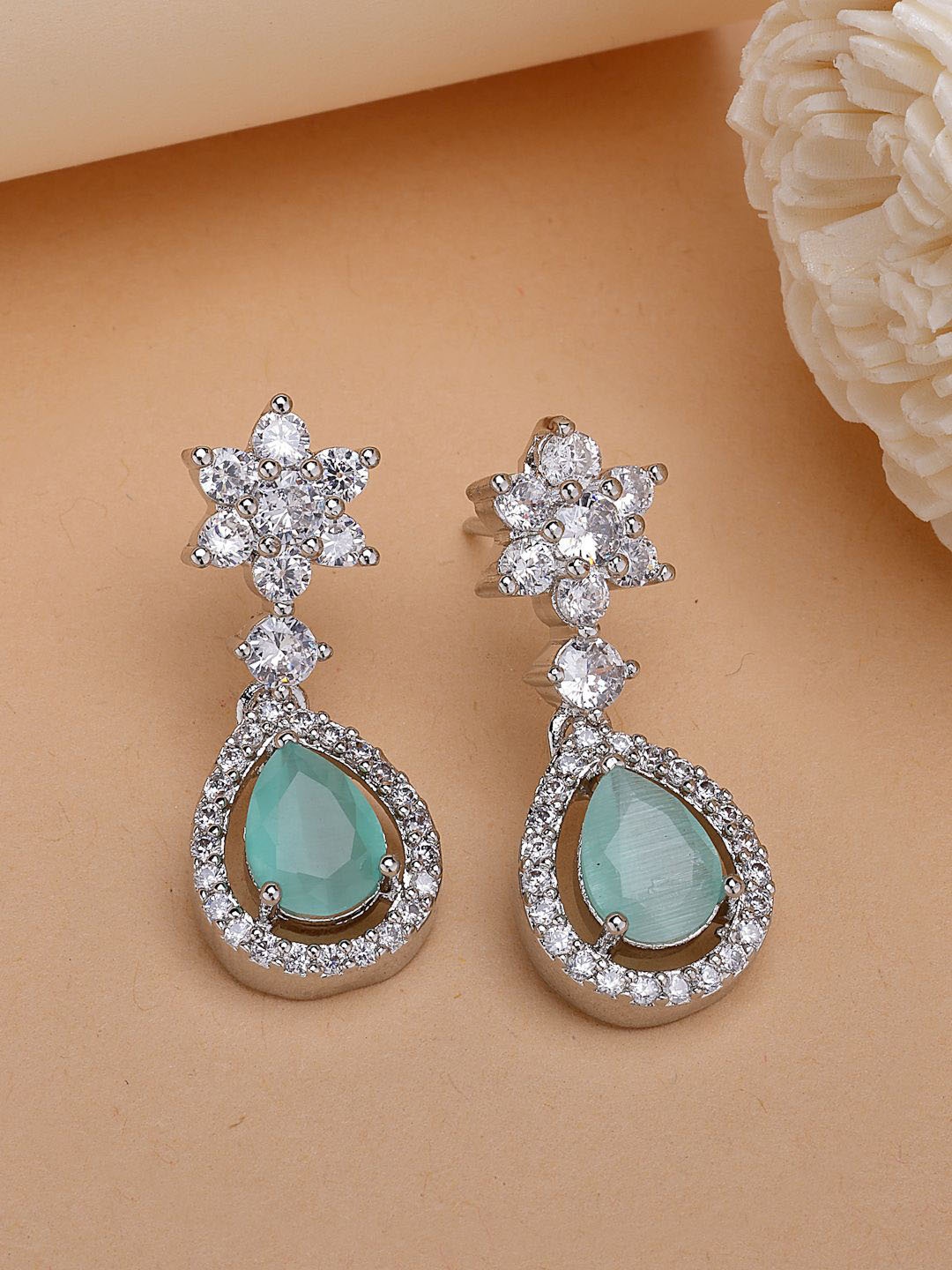 

ZENEME Rhodium-Plated American Diamond Studded Royal Ocean Blue Drop Earring, Sea green