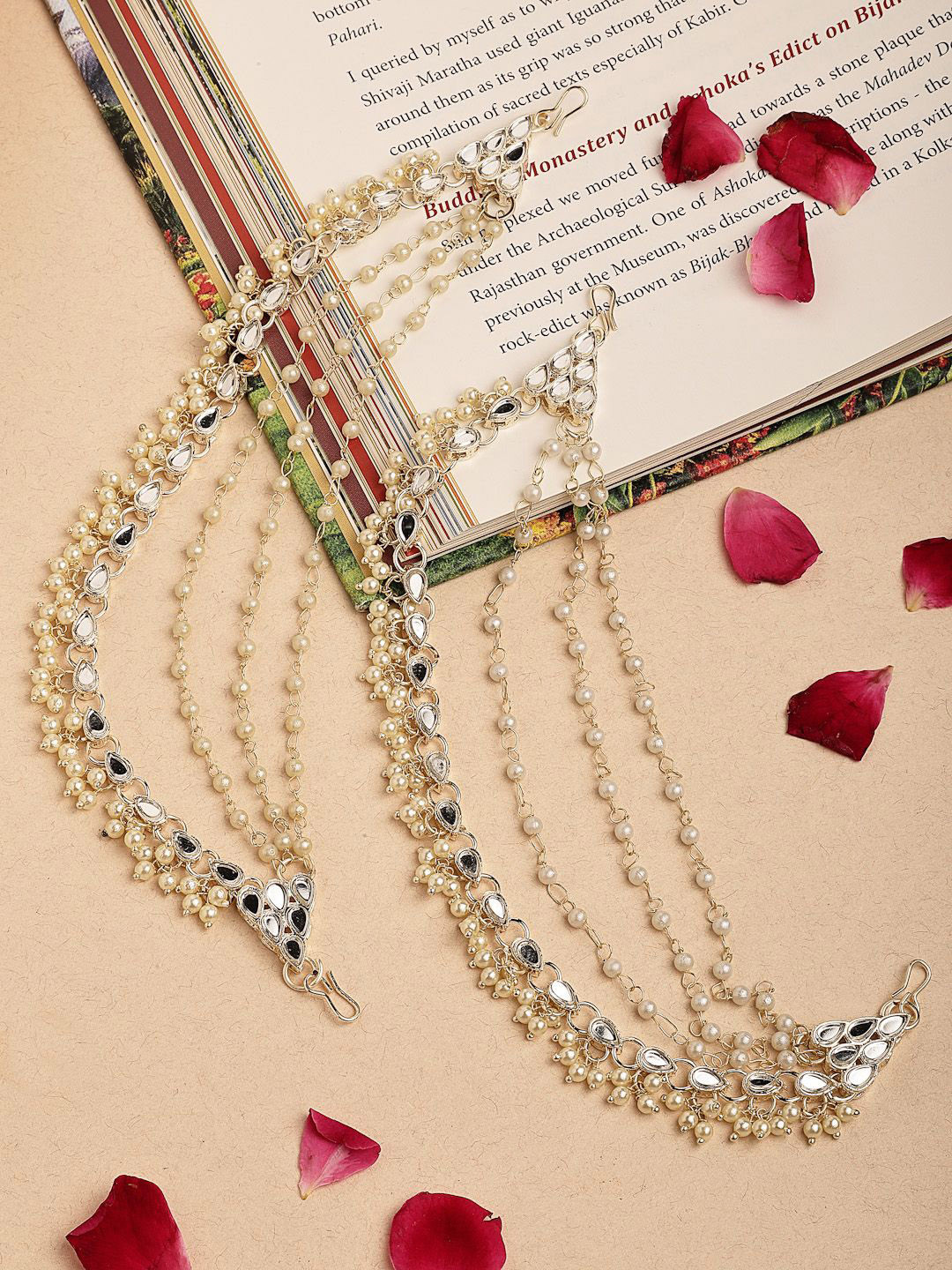

ZENEME Gold-Plated Kundan Studded Drop Pearl Earchain Earrings