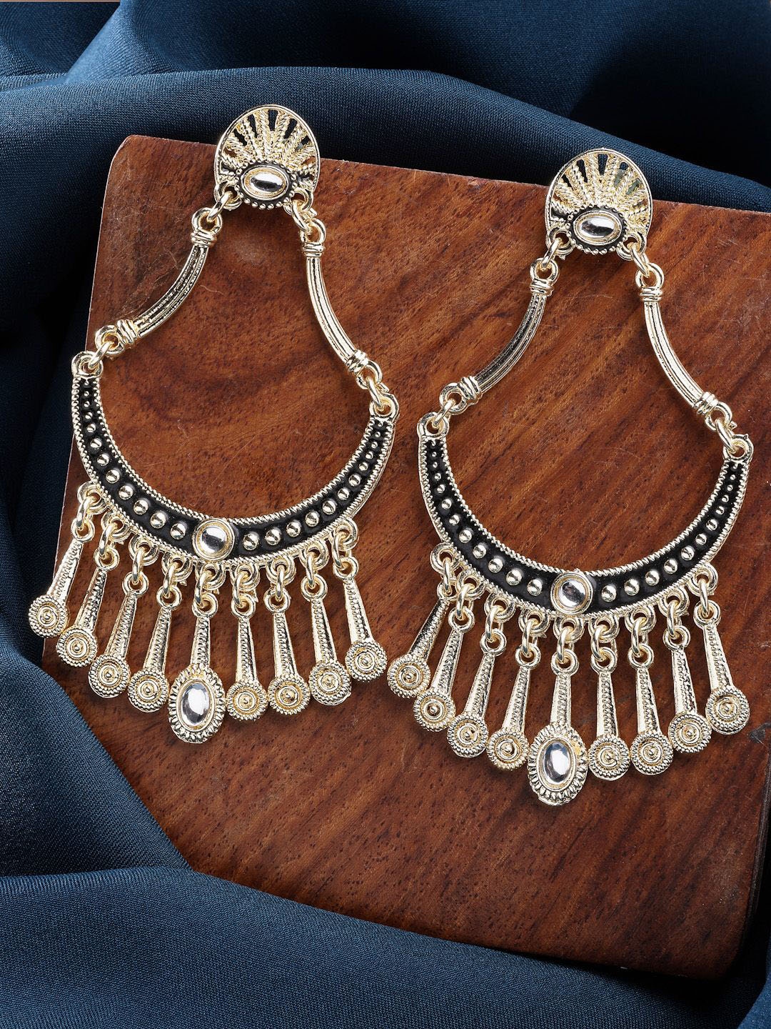 

ZENEME Gold-Plated Kundan Studded Dainty Hanging Traditional Drop Earrings