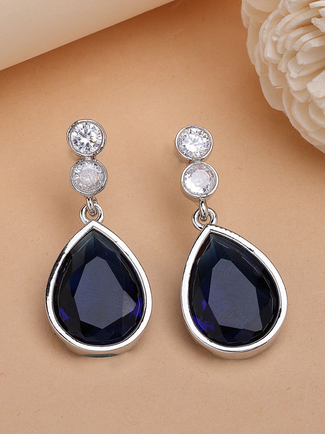 

ZENEME Rhodium-Plated American Diamond Blue Crystal Studded Drop Earring, Silver