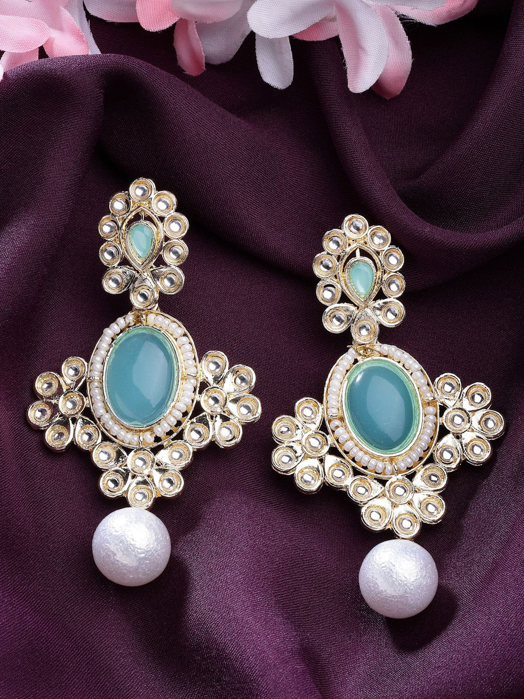 

ZENEME Gold-Plated Traditional Pearl Kundan Beaded Drop Earrings