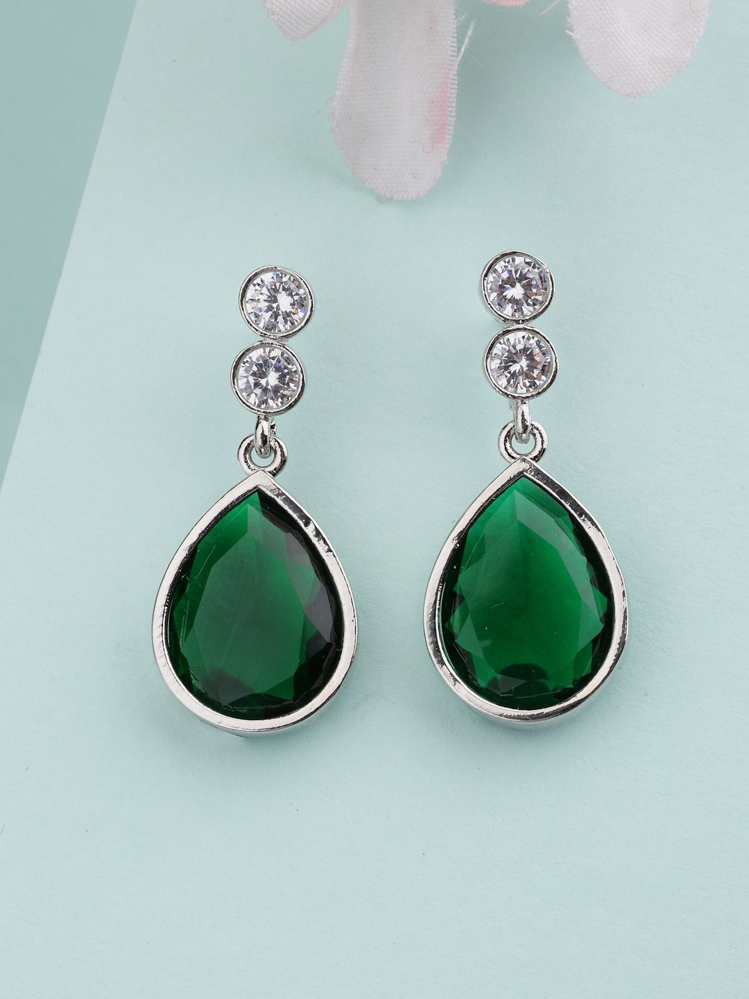 

ZENEME Rhodium-Plated American Diamond Green Crystal Studded Drop Earring, Silver