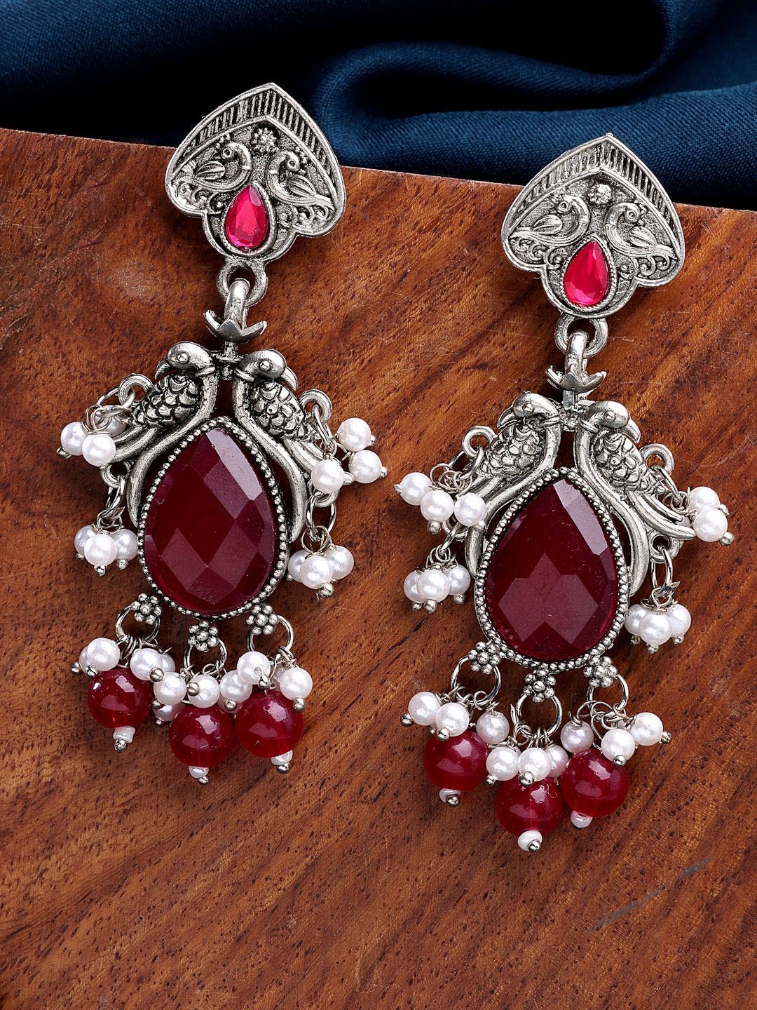 

ZENEME Oxidised-Plated Mandala Design Embellished Drop Earrings, Silver