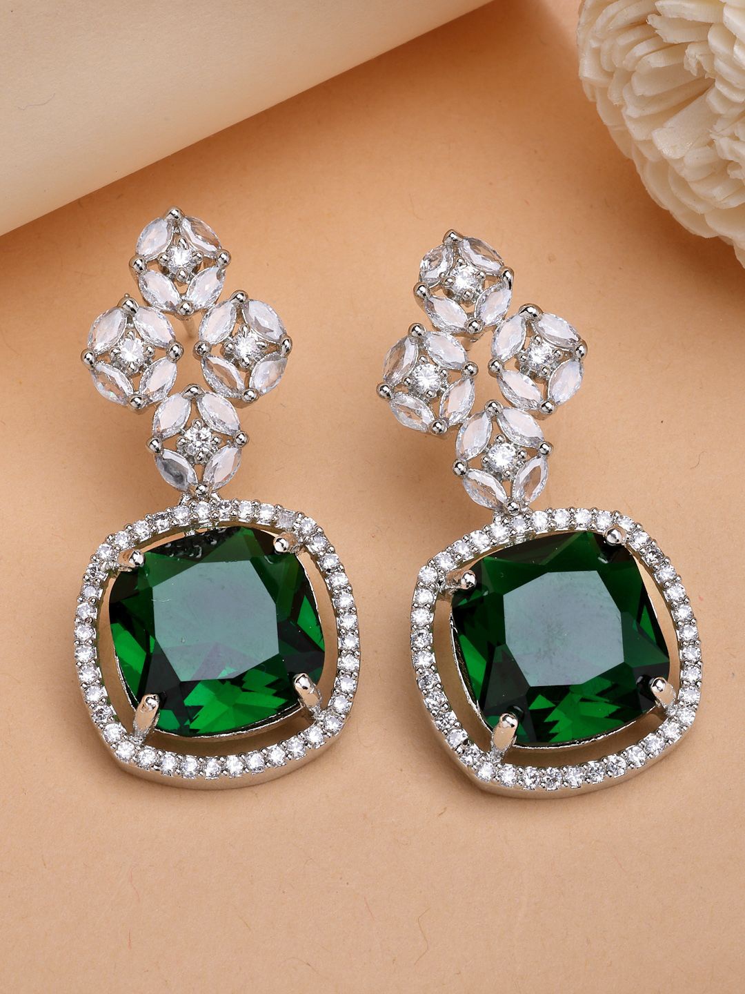 

ZENEME Rhodium Plated Green American Diamond Trendy Drop Earrings