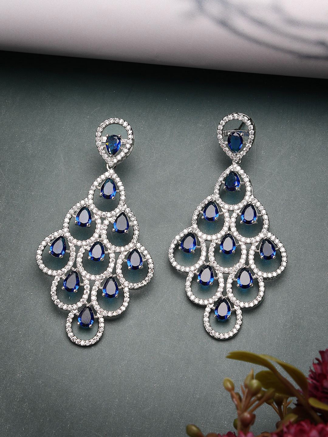 

ZENEME Rhodium-Plated Blue American Diamond Studded Contemporary Drop Earrings, Silver