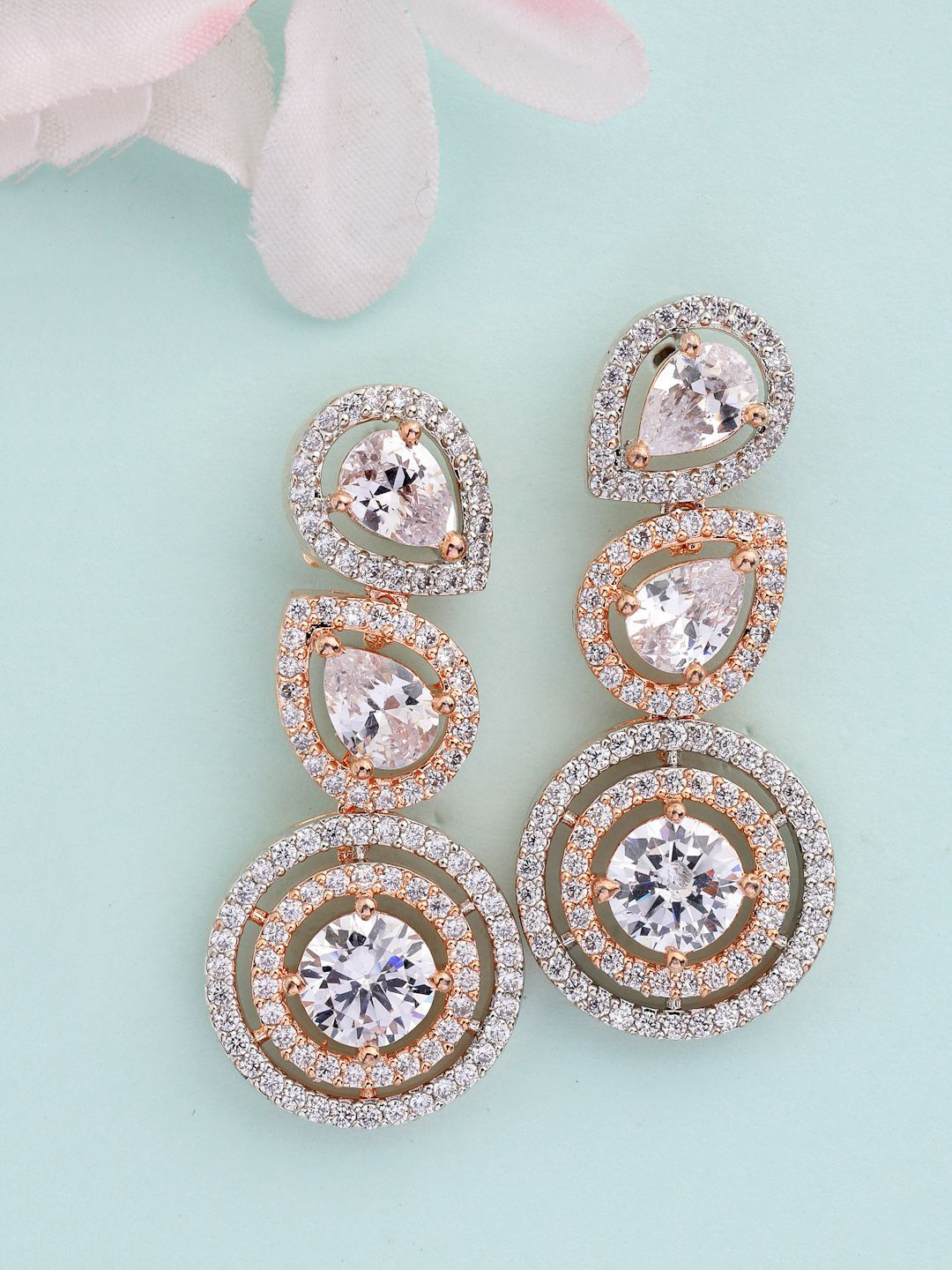 

ZENEME Rose Gold-Plated Tear Drop & Round American Diamond Studded Drop Earring