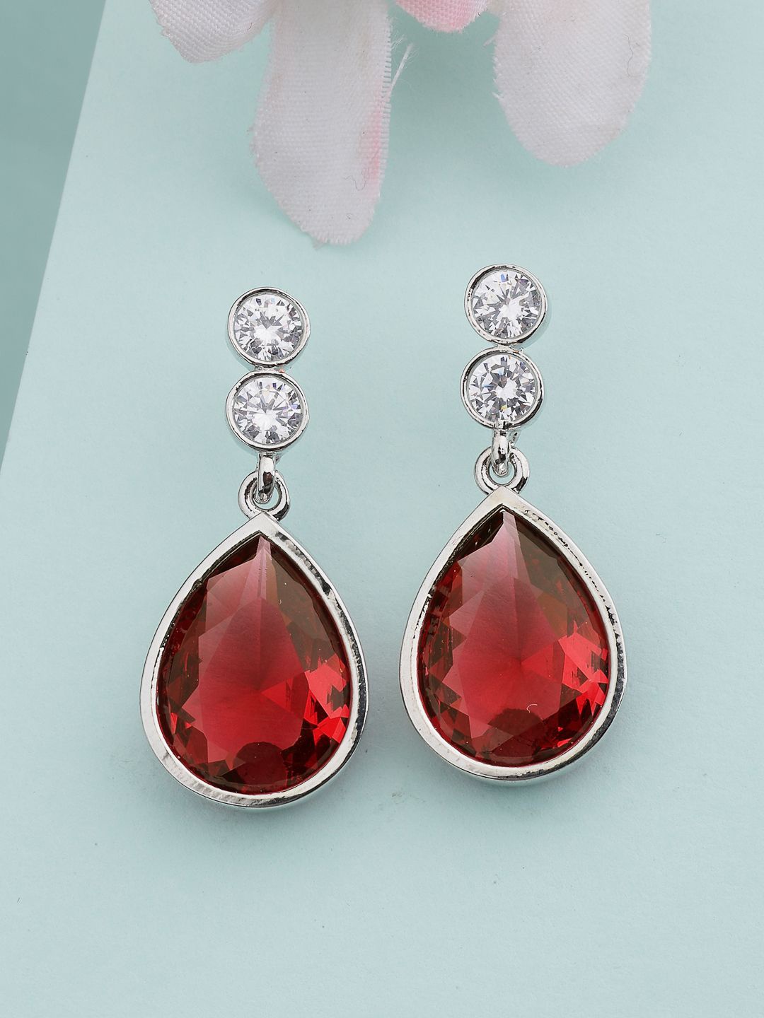 

ZENEME Rhodium-Plated American Diamond Red Crystal Studded Drop Earring, Silver