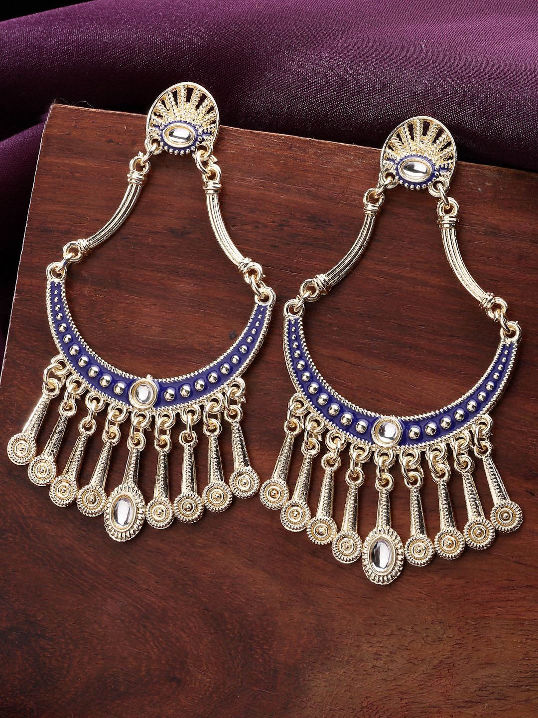 

ZENEME Gold-Plated Blue Kundan Studded Dainty Hanging Traditional Drop Earrings, Silver