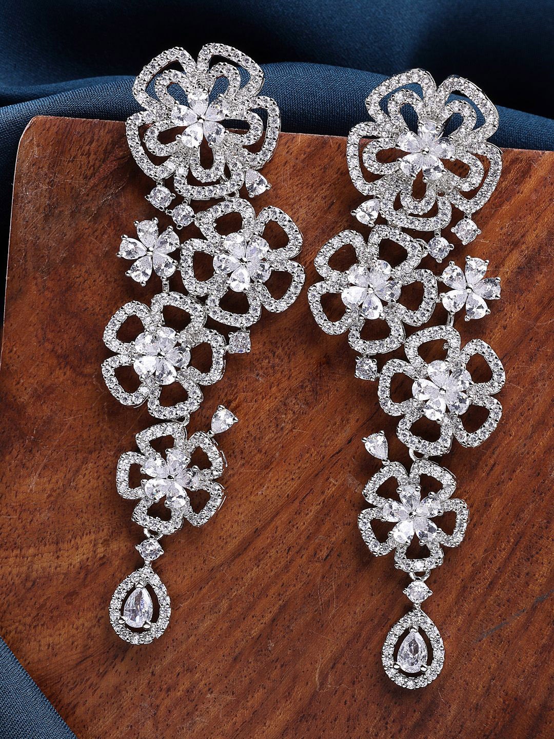 

ZENEME Rhodium-Plated Luxury Timeless American Diamond Floral Earrings, Silver