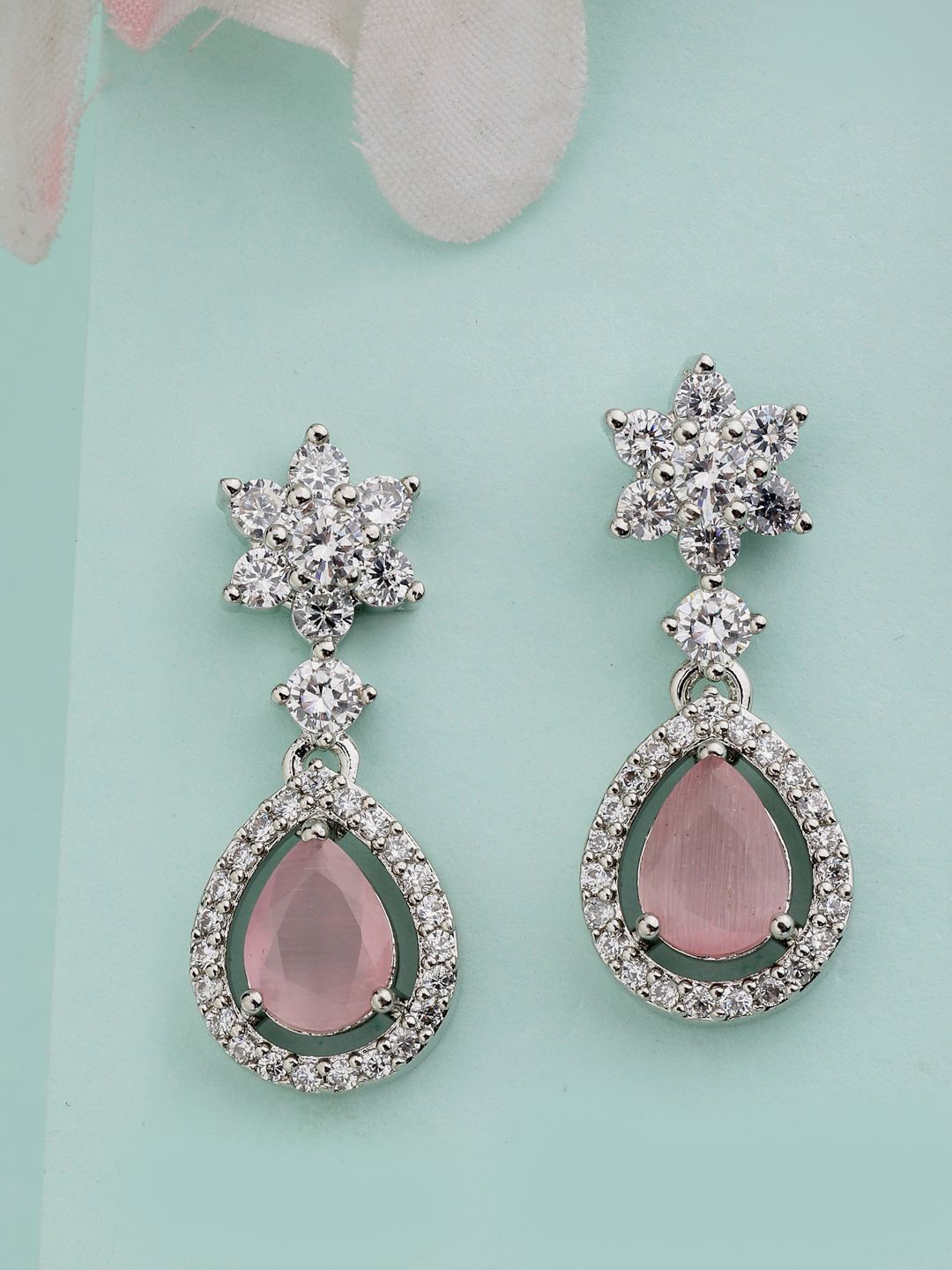 

ZENEME Rhodium-Plated American Diamond Studded Royal Pink Drop Earring, Silver