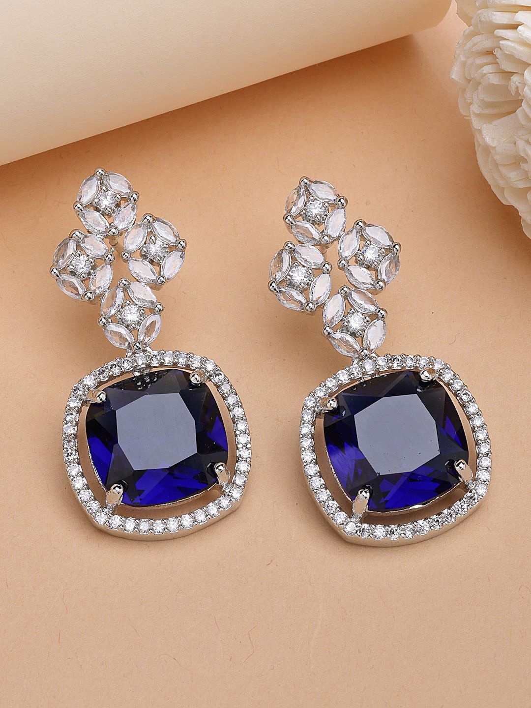 

ZENEME Rhodium Plated Blue American Diamond Trendy Drop Earrings, Silver