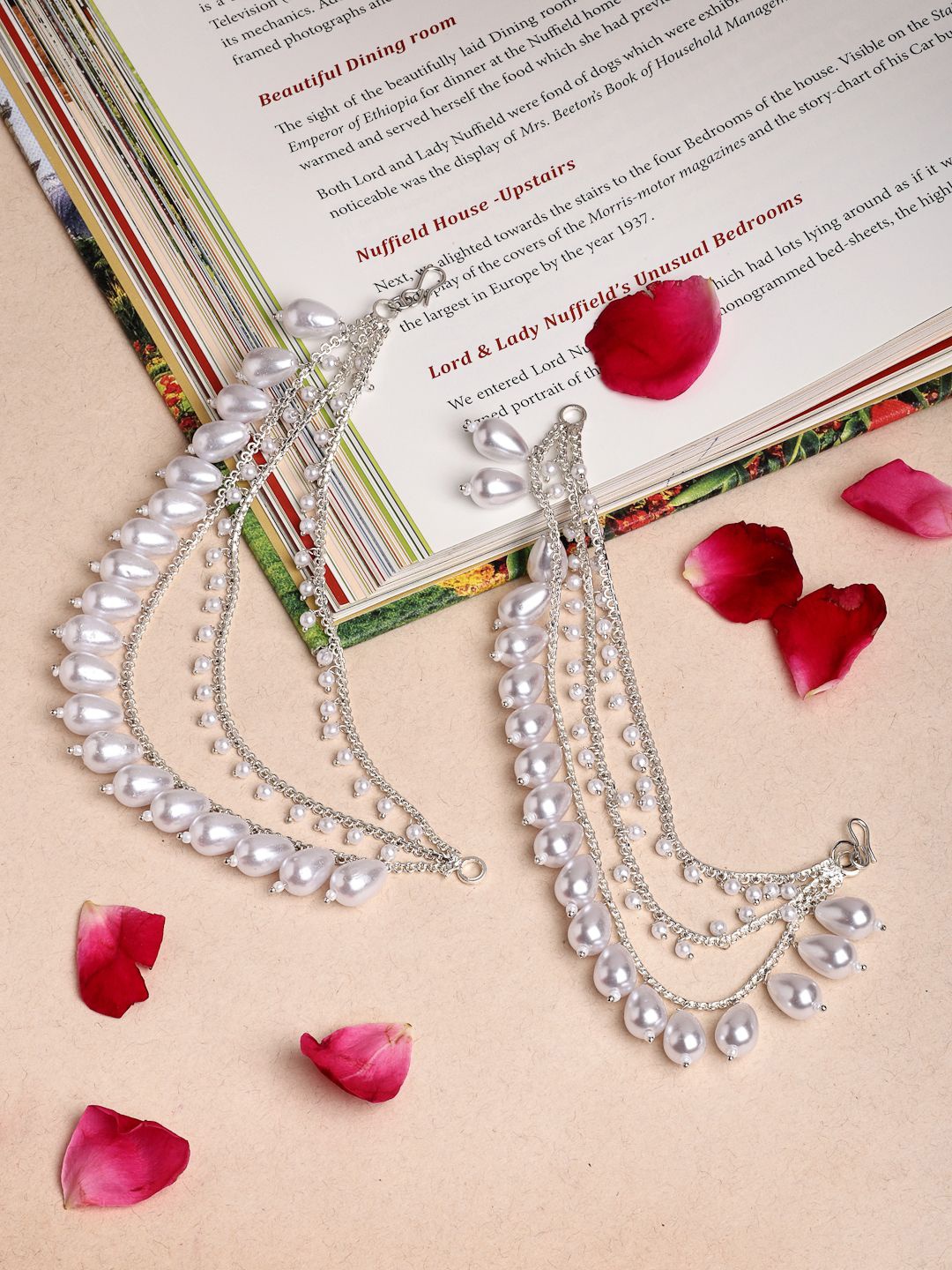 

ZENEME Oxidised-Plated Ear Chain Drop Pearl Earring, Silver