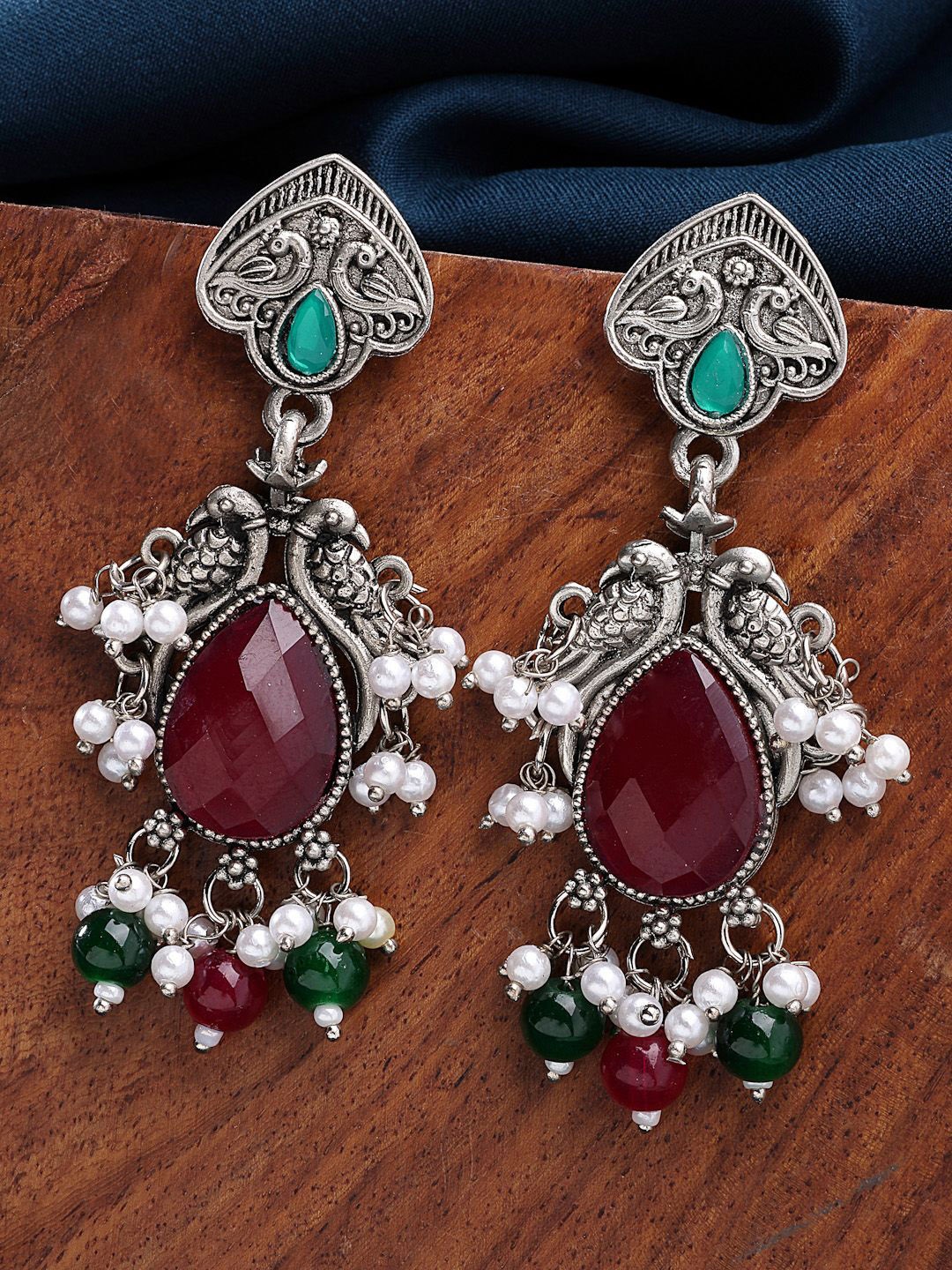 

ZENEME Oxidised-Plated Mandala Design Embellished Drop Earrings, Silver