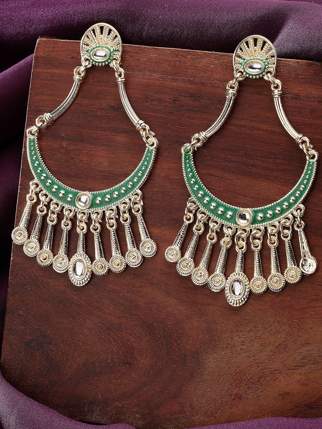 

ZENEME Gold-Plated Green Kundan Studded Dainty Hanging Traditional Drop Earrings