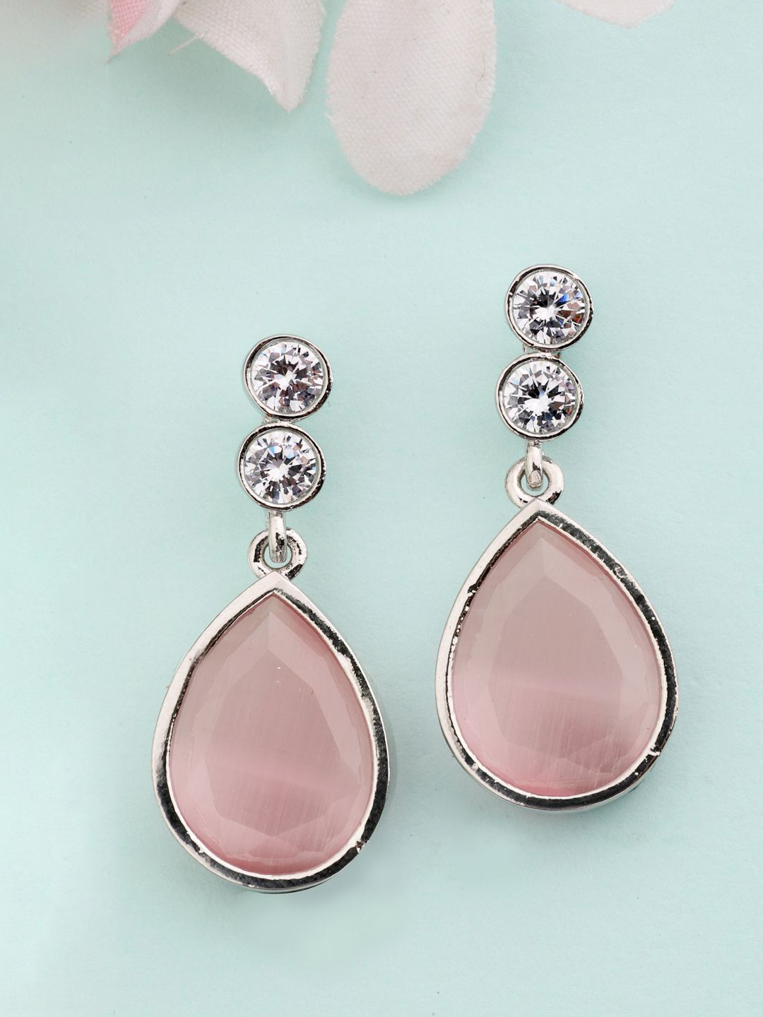 

ZENEME Rhodium-Plated American Diamond Pink Crystal Studded Drop Earring, Silver