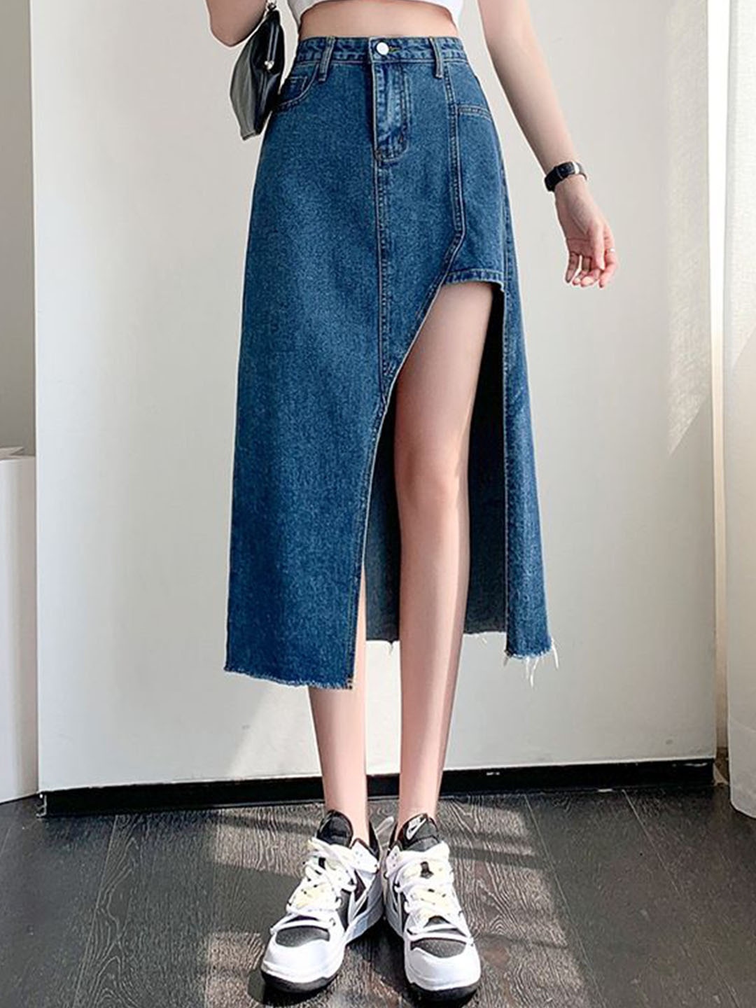 

StyleCast Women Cotton A-Line Asymmetric Hem Midi Skirt, Blue