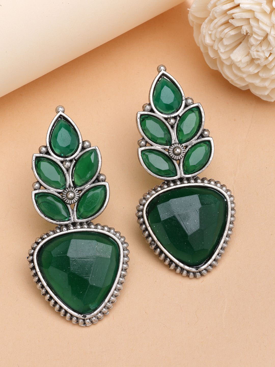 

ZENEME Oxidised-Plated Bohemian Drop Earrings, Green