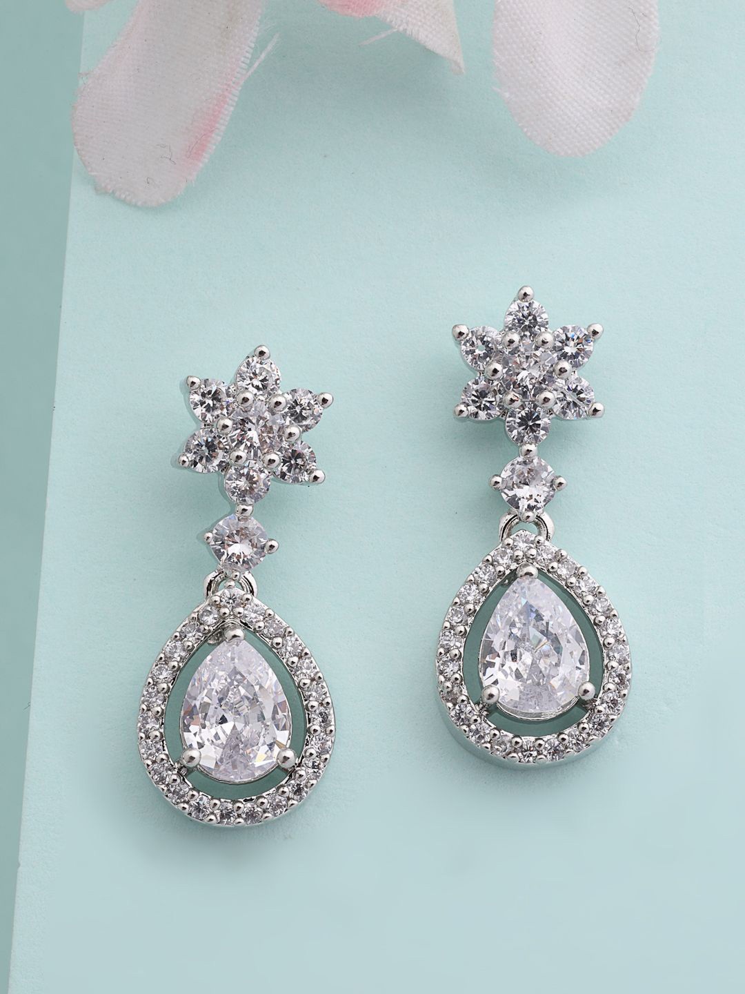 

ZENEME Rhodium-Plated American Diamond Studded Royal White Drop Earring