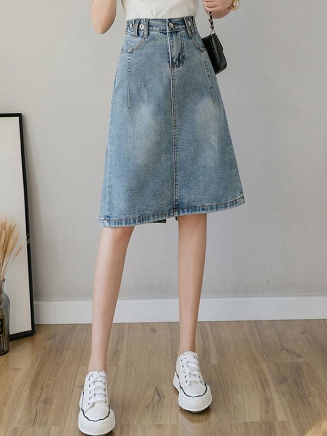 

StyleCast Women Washed Straight Knee Length Skirt, Blue