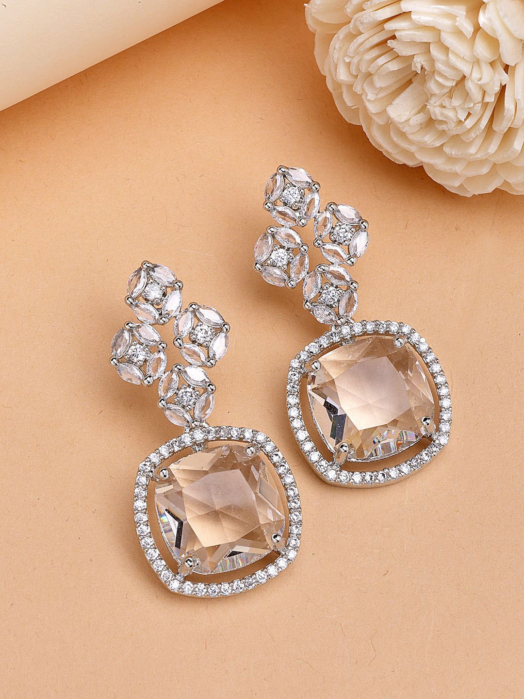 

ZENEME Rhodium Plated American Diamond Trendy Drop Earrings, Silver